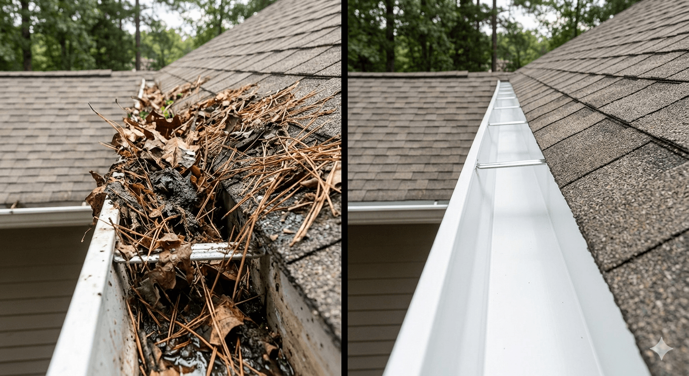 Before and after clogged gutter cleared and clean