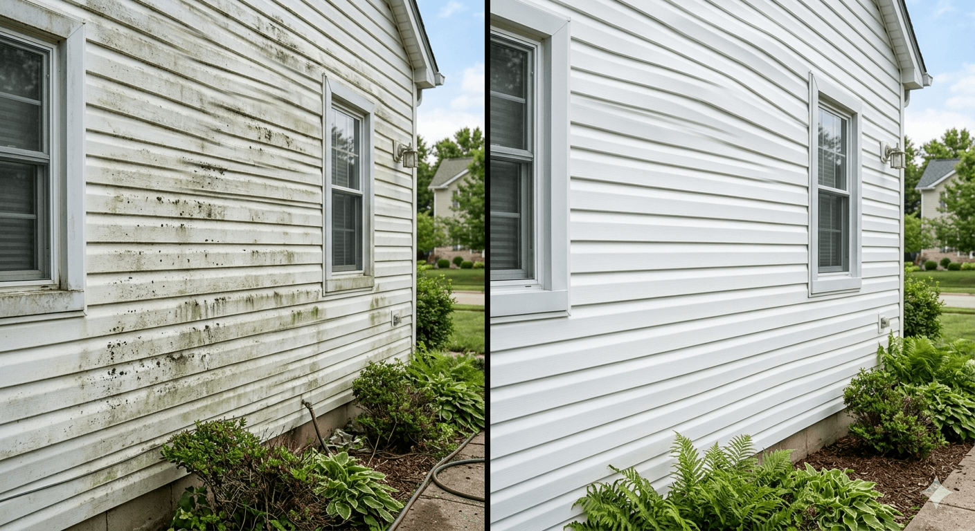 Before and after pressure washing dirty siding clean
